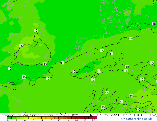 température 2m Spread ECMWF lun 10.06.2024 18 UTC