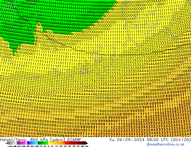 Hoogte/Temp. 850 hPa ECMWF zo 09.06.2024 06 UTC