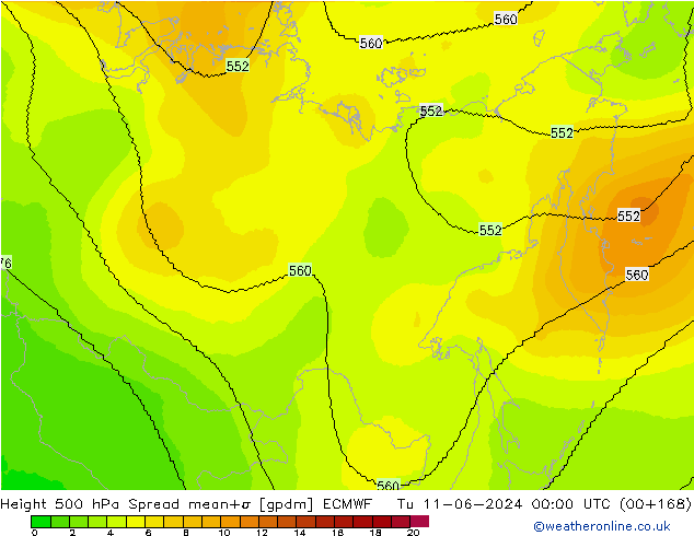 Height 500 hPa Spread ECMWF wto. 11.06.2024 00 UTC