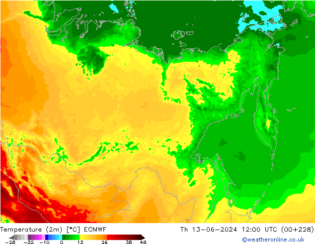 Temperatuurkaart (2m) ECMWF do 13.06.2024 12 UTC
