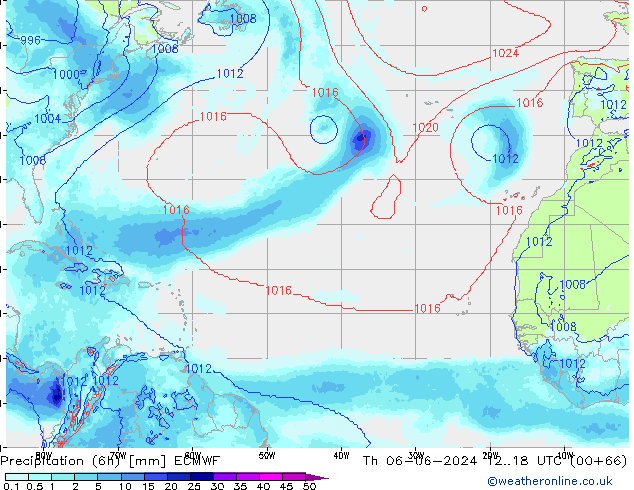 Precipitation (6h) ECMWF Čt 06.06.2024 18 UTC