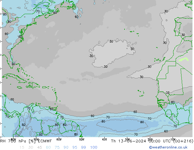 RH 700 гПа ECMWF чт 13.06.2024 00 UTC