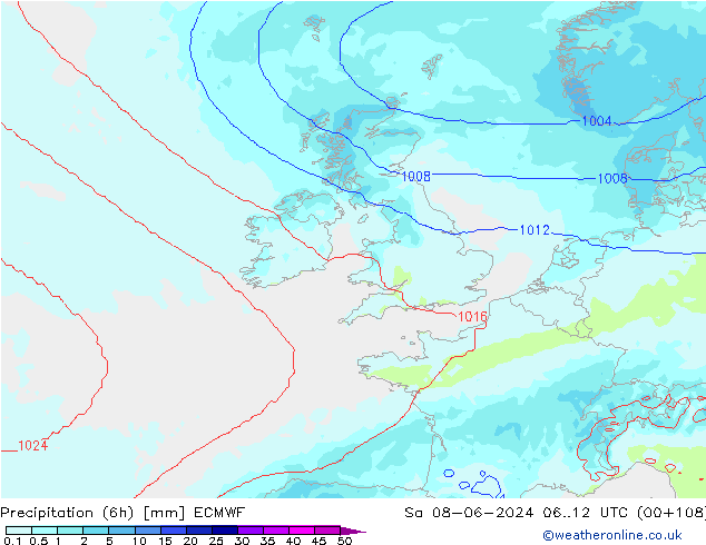 Precipitation (6h) ECMWF Sa 08.06.2024 12 UTC