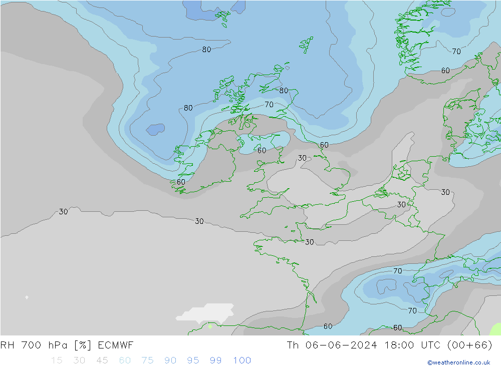 Humidité rel. 700 hPa ECMWF jeu 06.06.2024 18 UTC