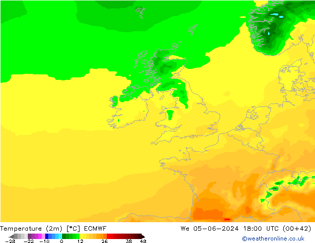 Temperatura (2m) ECMWF mer 05.06.2024 18 UTC