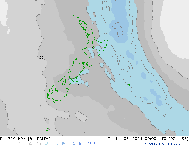 Humidité rel. 700 hPa ECMWF mar 11.06.2024 00 UTC