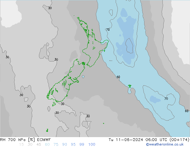 Humidité rel. 700 hPa ECMWF mar 11.06.2024 06 UTC