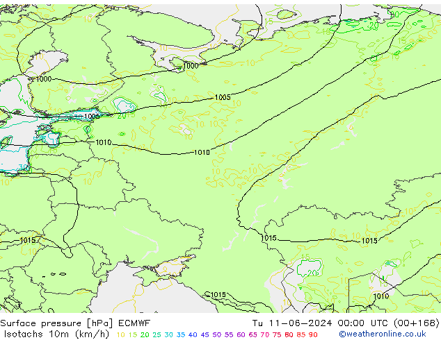 Isotachs (kph) ECMWF Tu 11.06.2024 00 UTC