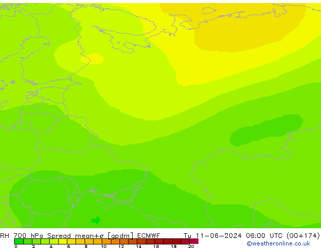 Humedad rel. 700hPa Spread ECMWF mar 11.06.2024 06 UTC