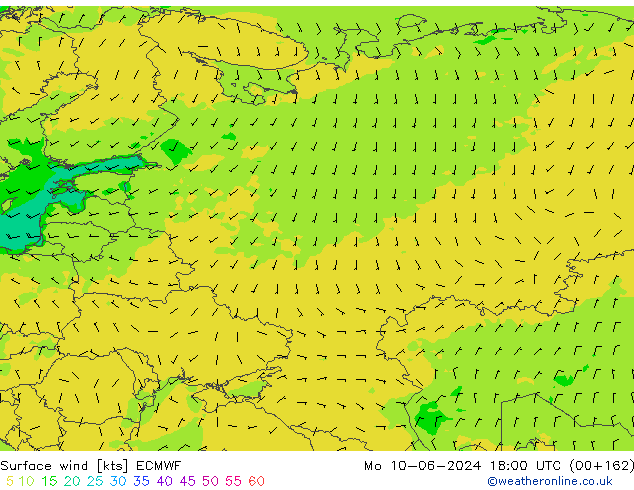 wiatr 10 m ECMWF pon. 10.06.2024 18 UTC