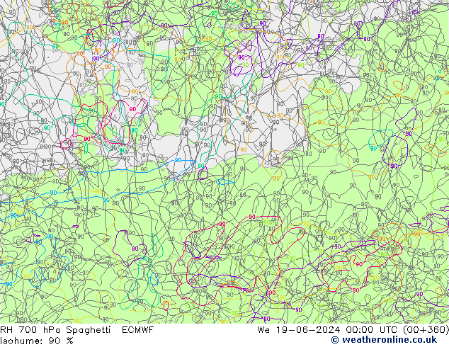 RH 700 hPa Spaghetti ECMWF We 19.06.2024 00 UTC