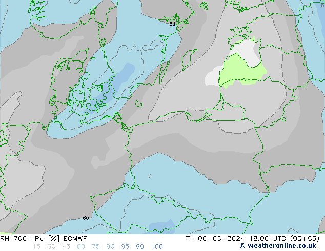 RH 700 hPa ECMWF Th 06.06.2024 18 UTC