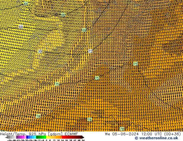 Height/Temp. 925 hPa ECMWF mer 05.06.2024 12 UTC