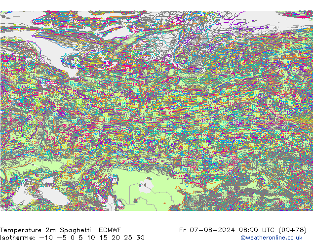 Temperature 2m Spaghetti ECMWF Fr 07.06.2024 06 UTC