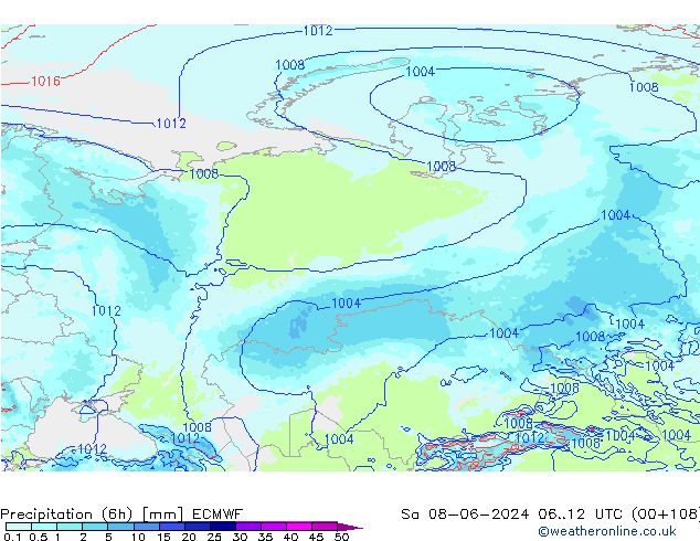 Totale neerslag (6h) ECMWF za 08.06.2024 12 UTC