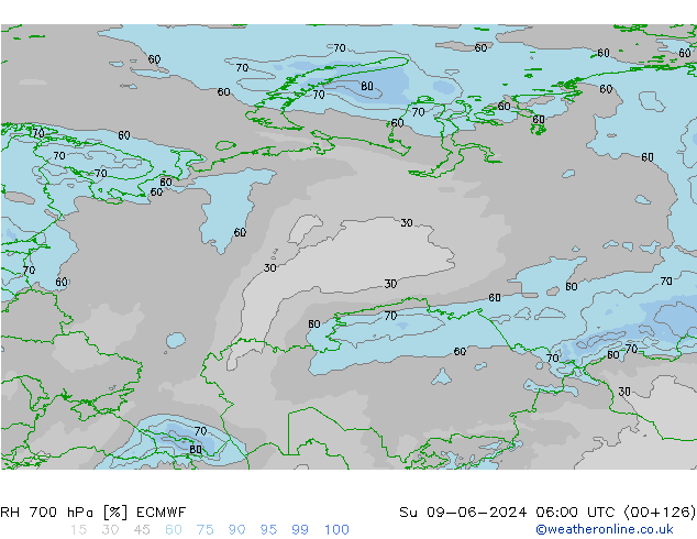 RH 700 hPa ECMWF Su 09.06.2024 06 UTC