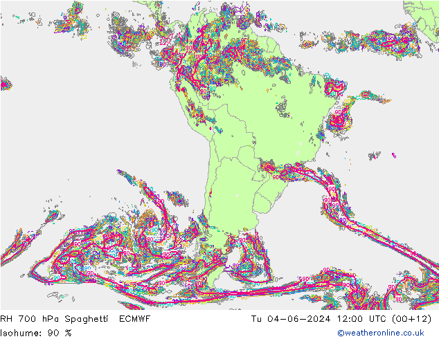 RH 700 hPa Spaghetti ECMWF Tu 04.06.2024 12 UTC