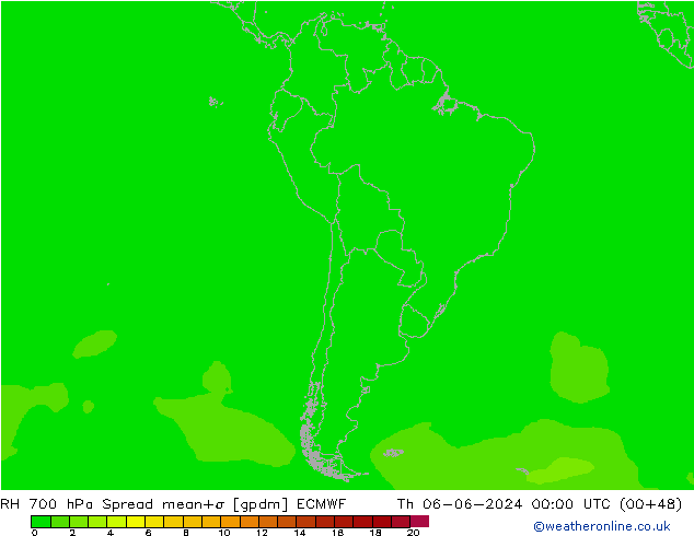 RH 700 hPa Spread ECMWF Čt 06.06.2024 00 UTC