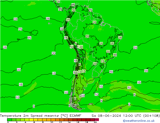 température 2m Spread ECMWF sam 08.06.2024 12 UTC