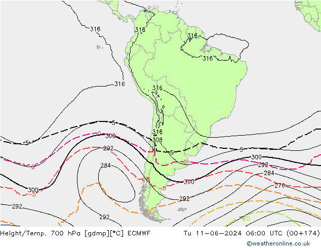 Géop./Temp. 700 hPa ECMWF mar 11.06.2024 06 UTC