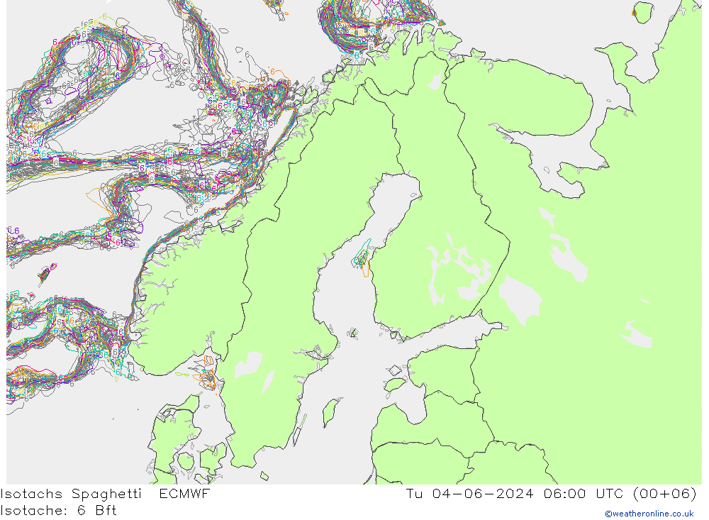 Isotachs Spaghetti ECMWF 星期二 04.06.2024 06 UTC