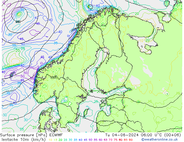 Isotachen (km/h) ECMWF di 04.06.2024 06 UTC