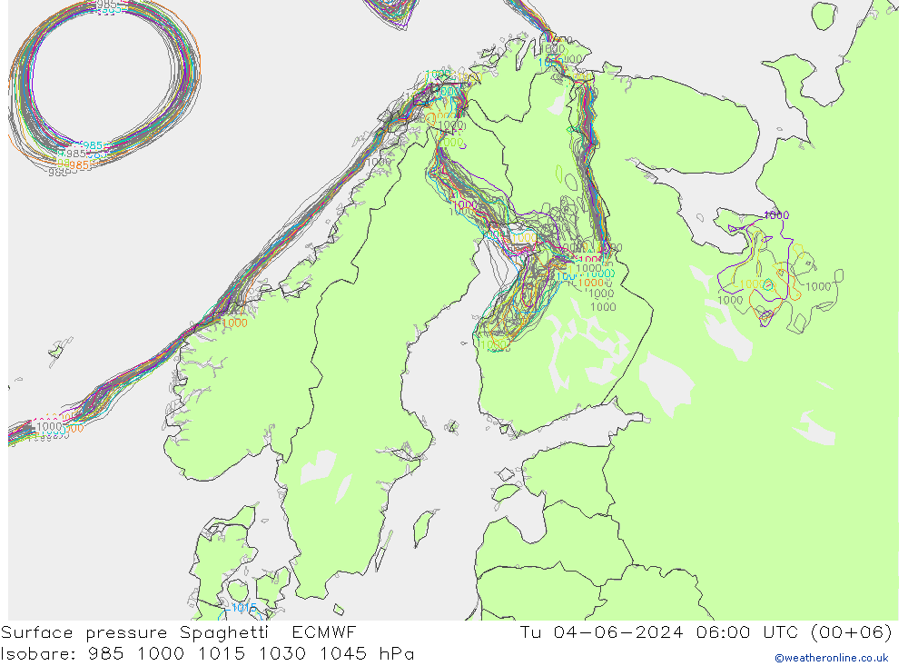 Surface pressure Spaghetti ECMWF Tu 04.06.2024 06 UTC