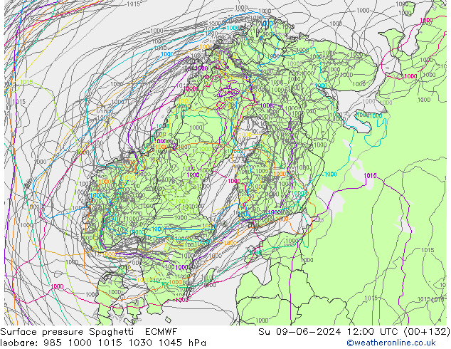 Surface pressure Spaghetti ECMWF Su 09.06.2024 12 UTC