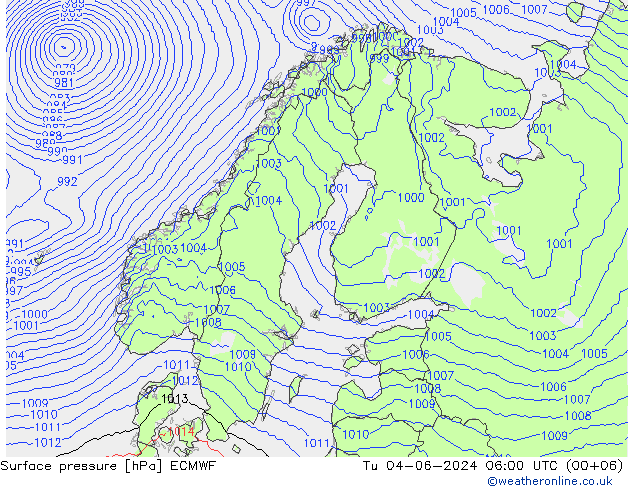 Atmosférický tlak ECMWF Út 04.06.2024 06 UTC