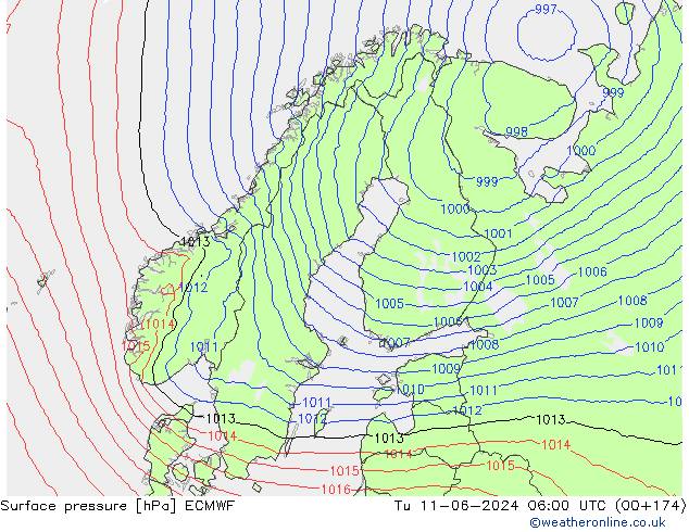 Surface pressure ECMWF Tu 11.06.2024 06 UTC