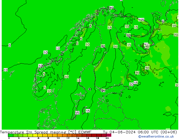 温度图 Spread ECMWF 星期二 04.06.2024 06 UTC