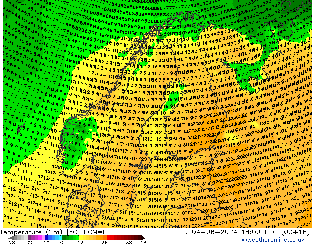 Temperaturkarte (2m) ECMWF Di 04.06.2024 18 UTC