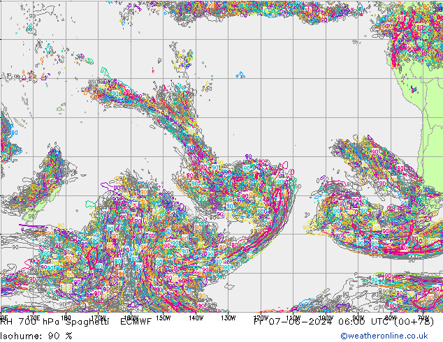 RH 700 hPa Spaghetti ECMWF Pá 07.06.2024 06 UTC