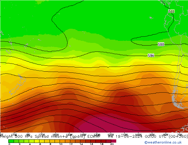 Height 500 hPa Spread ECMWF We 19.06.2024 00 UTC