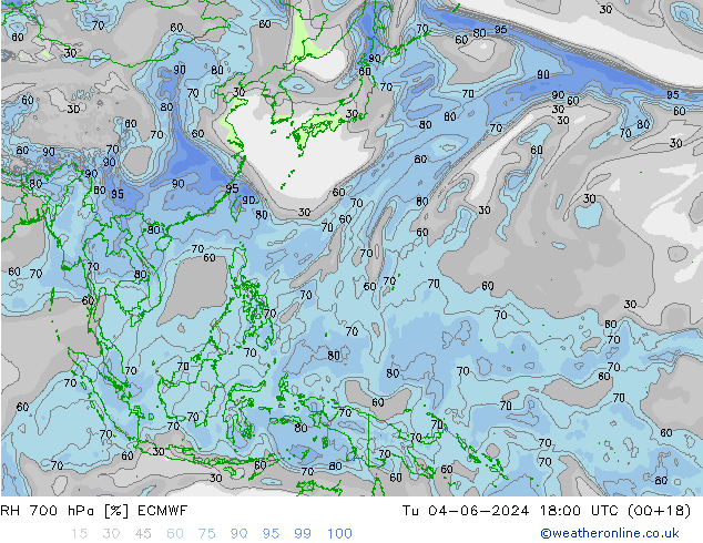 RH 700 hPa ECMWF Út 04.06.2024 18 UTC