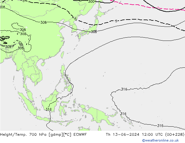 Height/Temp. 700 hPa ECMWF Čt 13.06.2024 12 UTC