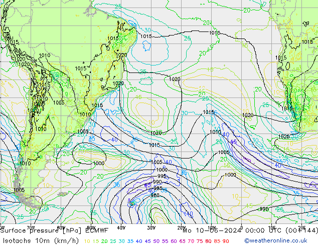 Izotacha (km/godz) ECMWF pon. 10.06.2024 00 UTC