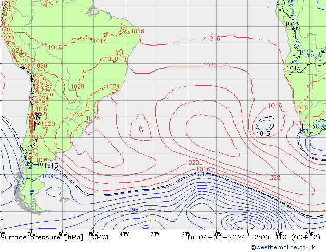 Surface pressure ECMWF Tu 04.06.2024 12 UTC