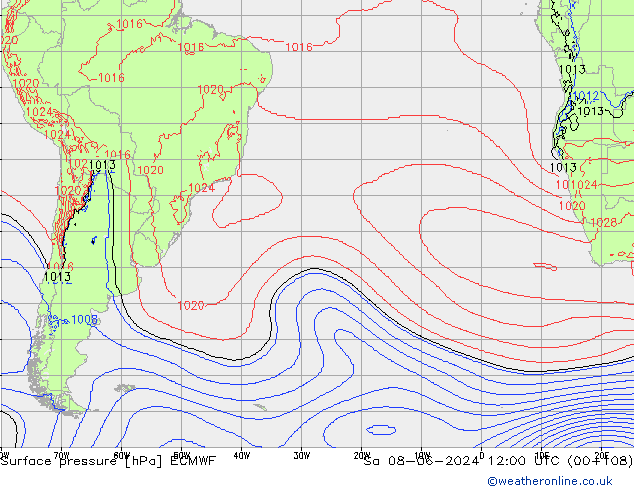 Presión superficial ECMWF sáb 08.06.2024 12 UTC