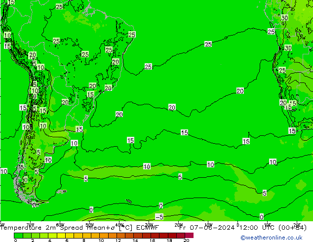 Temperatura 2m Spread ECMWF vie 07.06.2024 12 UTC