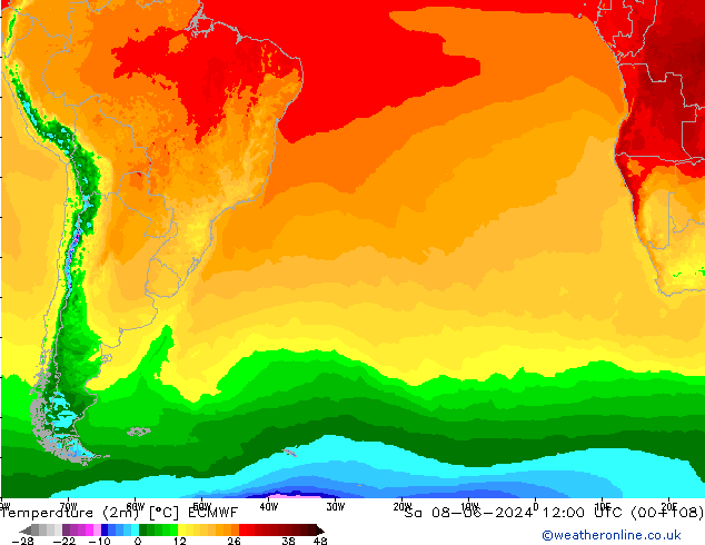 mapa temperatury (2m) ECMWF so. 08.06.2024 12 UTC