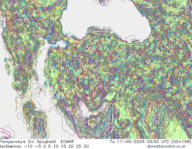 Temperatura 2m Spaghetti ECMWF mar 11.06.2024 00 UTC