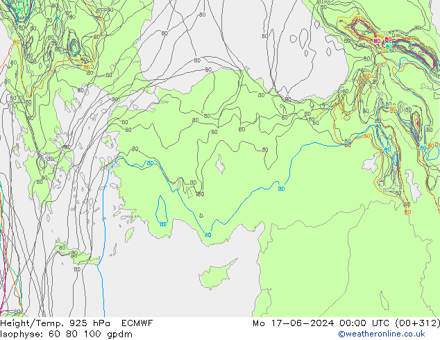 Height/Temp. 925 hPa ECMWF pon. 17.06.2024 00 UTC