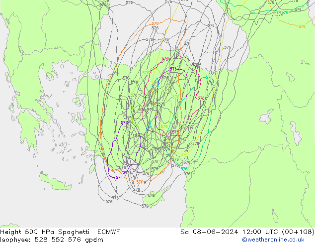 Height 500 hPa Spaghetti ECMWF So 08.06.2024 12 UTC