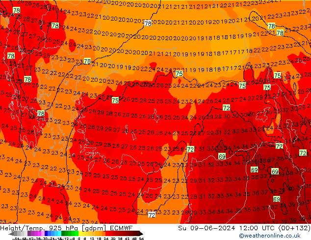 Géop./Temp. 925 hPa ECMWF dim 09.06.2024 12 UTC