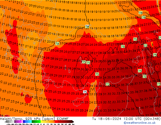 Height/Temp. 925 hPa ECMWF Tu 18.06.2024 12 UTC