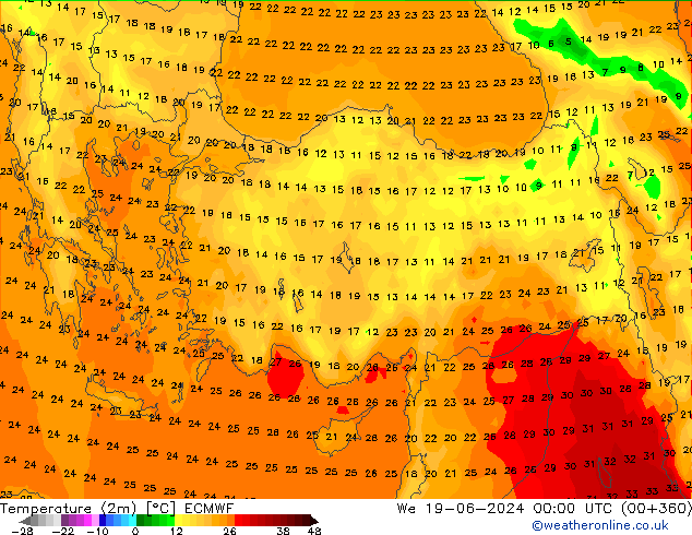 Temperatuurkaart (2m) ECMWF wo 19.06.2024 00 UTC