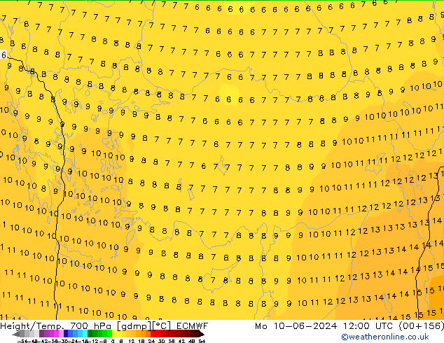 Height/Temp. 700 hPa ECMWF Po 10.06.2024 12 UTC