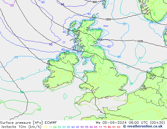 Isotachs (kph) ECMWF mer 05.06.2024 06 UTC