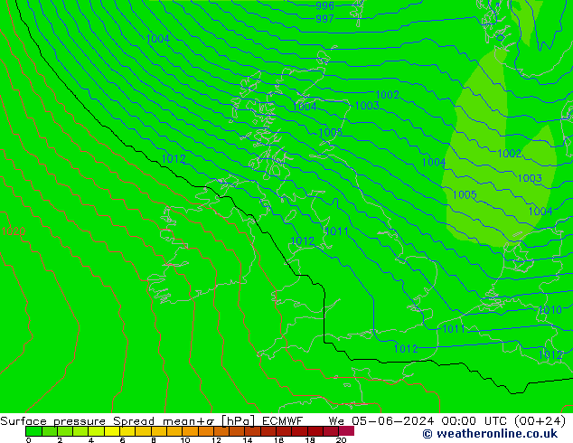 Surface pressure Spread ECMWF We 05.06.2024 00 UTC